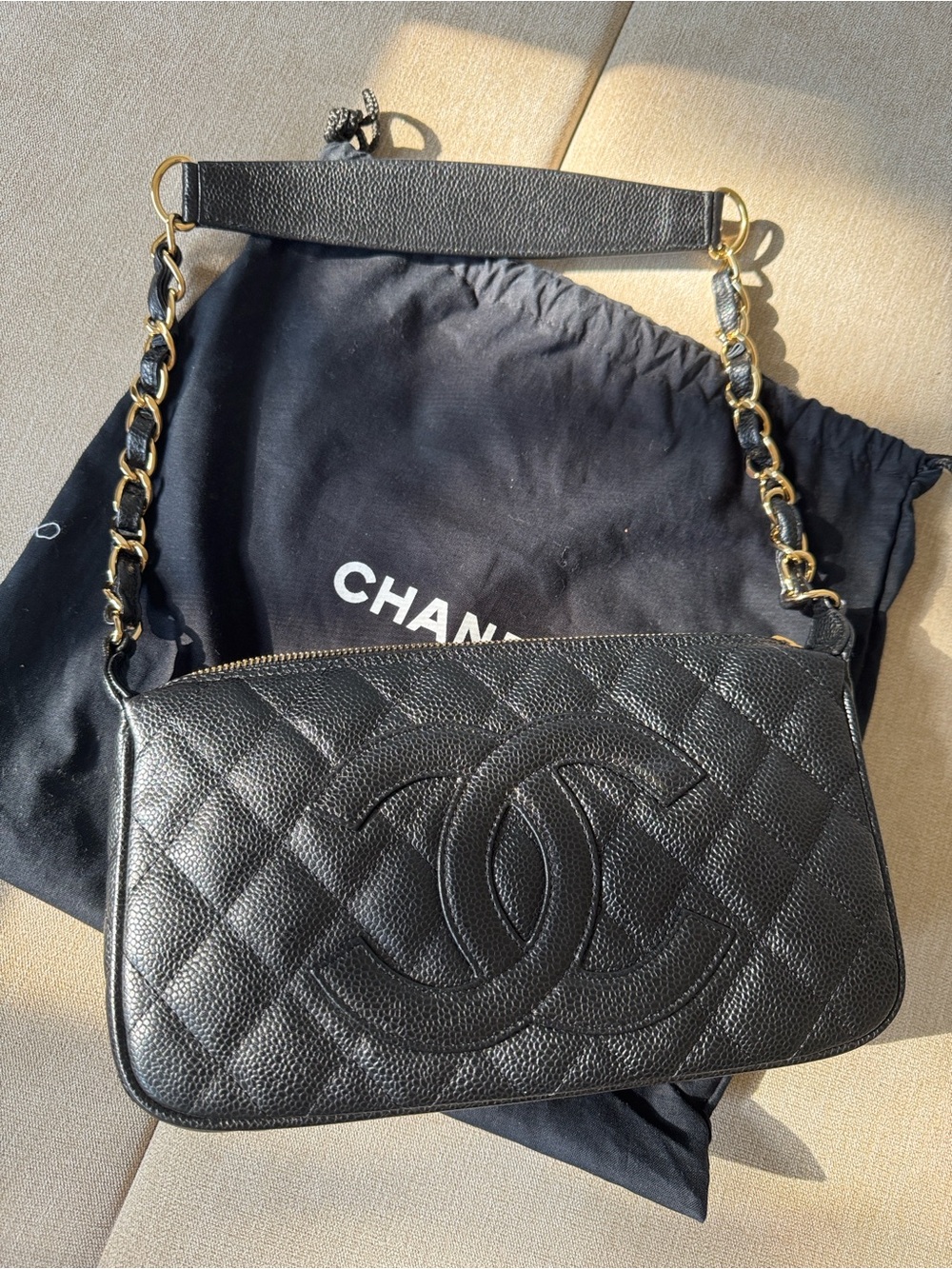 CHANEL Timeless CC Cavier Skin Black Quilted Pochette